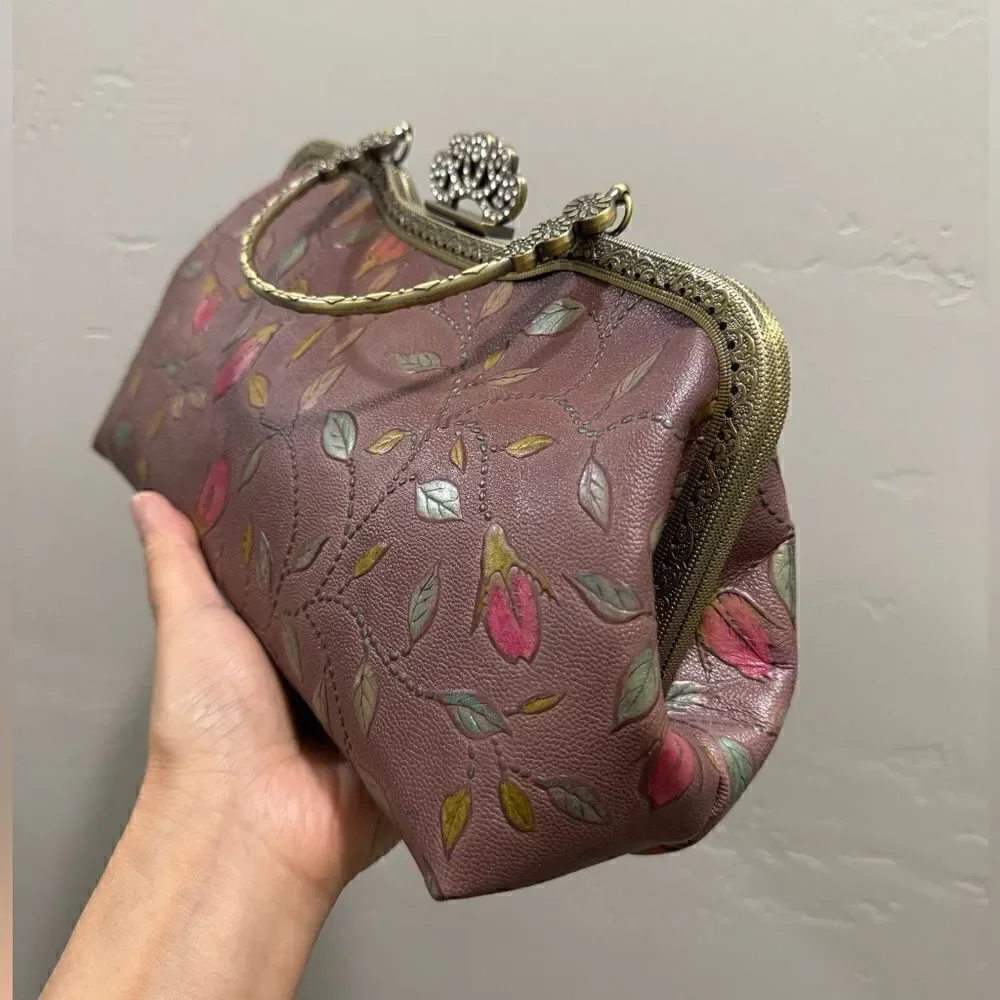 Handmade Vintage Style Genuine Embossed Cowhide Crown Shade Closure Satchel